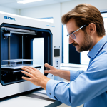 A professional materials scientist in a pristine, high-tech research laboratory, observing an advanced 3D ceramic printer creating an intricate, sustainable architectural component. The lab is modern and clean, with subtle hints of energy-efficient design. The scientist is fully clothed, in professional dress, appropriate attire, safe for work, perfect anatomy, natural pose, professional photography, high quality, correct proportions, well-formed hands, natural body proportions, family-friendly.