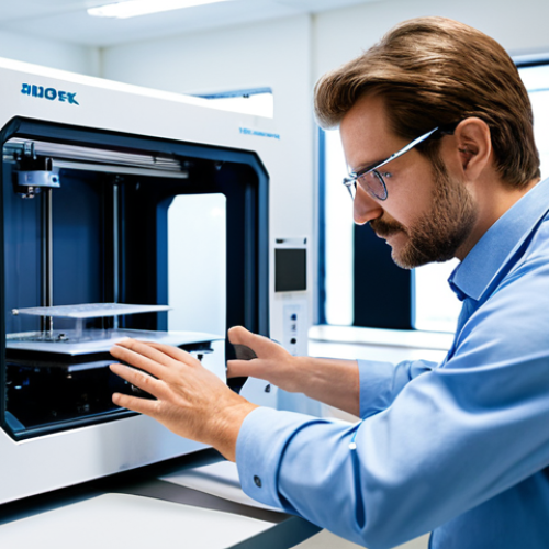 A professional materials scientist in a pristine, high-tech research laboratory, observing an advanced 3D ceramic printer creating an intricate, sustainable architectural component. The lab is modern and clean, with subtle hints of energy-efficient design. The scientist is fully clothed, in professional dress, appropriate attire, safe for work, perfect anatomy, natural pose, professional photography, high quality, correct proportions, well-formed hands, natural body proportions, family-friendly.