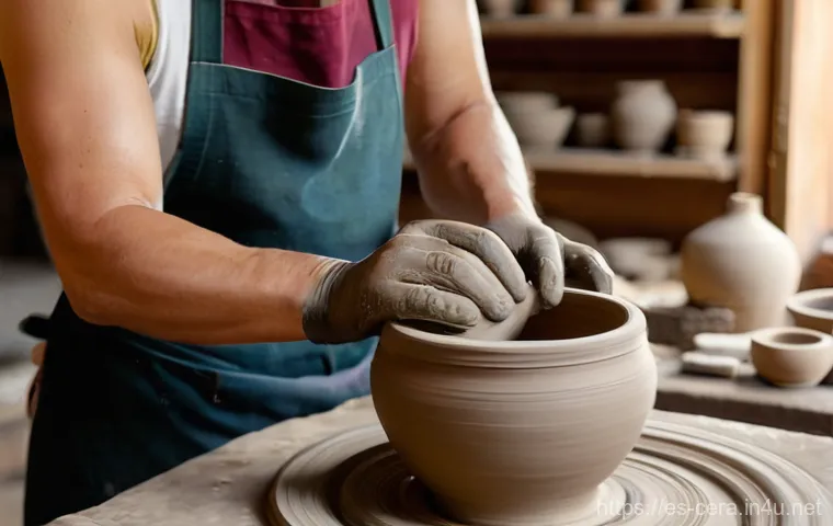 미술세라믹 이론 및 실습 - **Prompt:** A skilled potter's hands, covered in wet clay, are intensely focused on shaping a beauti...