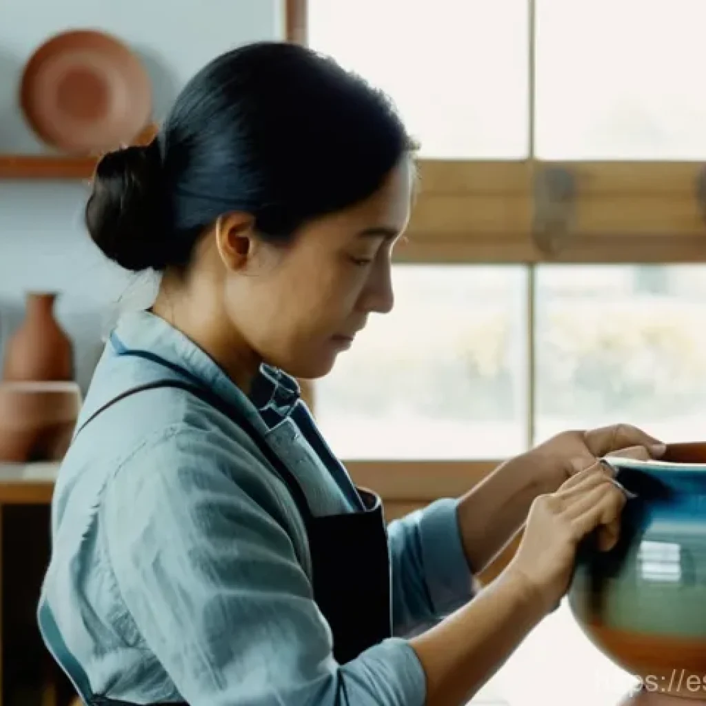 세라믹 공예 자격증 취득 - **Prompt:** A focused, determined female ceramist in her late 20s or early 30s, with a sense of quie...