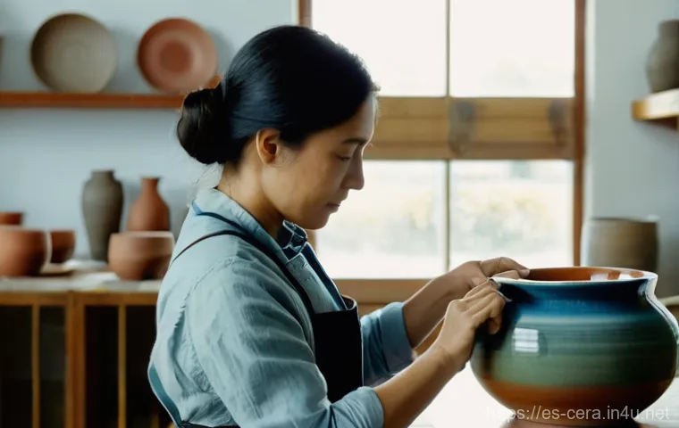 세라믹 공예 자격증 취득 - **Prompt:** A focused, determined female ceramist in her late 20s or early 30s, with a sense of quie...