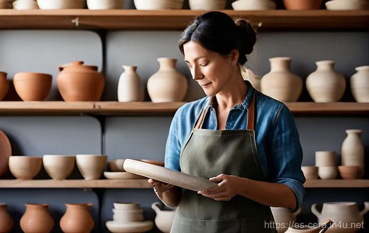 세라믹 분야 자격취득 방법 - **Prompt 1: "A master ceramist, a woman in her late 40s with a focused and serene expression, stands...