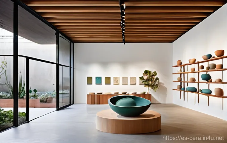 미술세라믹 전시회 참여 경험 - **Prompt:** A serene, sunlit contemporary art gallery featuring unique ceramic sculptures with organ...