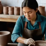 Home 20 미술세라믹 자격증 취득 과정 - **Prompt:** A serene and focused young woman, in her late 20s, wearing a comfortable apron over a mo...