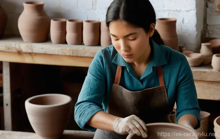 미술세라믹 자격증 취득 과정 - **Prompt:** A serene and focused young woman, in her late 20s, wearing a comfortable apron over a mo...