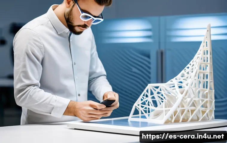 세라믹 설계 기술 - **Prompt: "A close-up shot of a sophisticated 3D ceramic printer in a clean, brightly lit modern des...