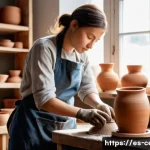Home 17 미술세라믹 분야 취업 준비 - A focused female ceramic artist, dressed in a practical denim apron over a modest t-shirt and trouse...