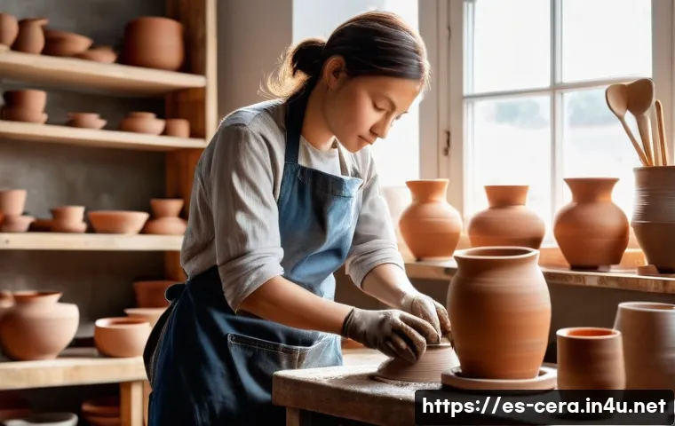 미술세라믹 분야 취업 준비 - A focused female ceramic artist, dressed in a practical denim apron over a modest t-shirt and trouse...