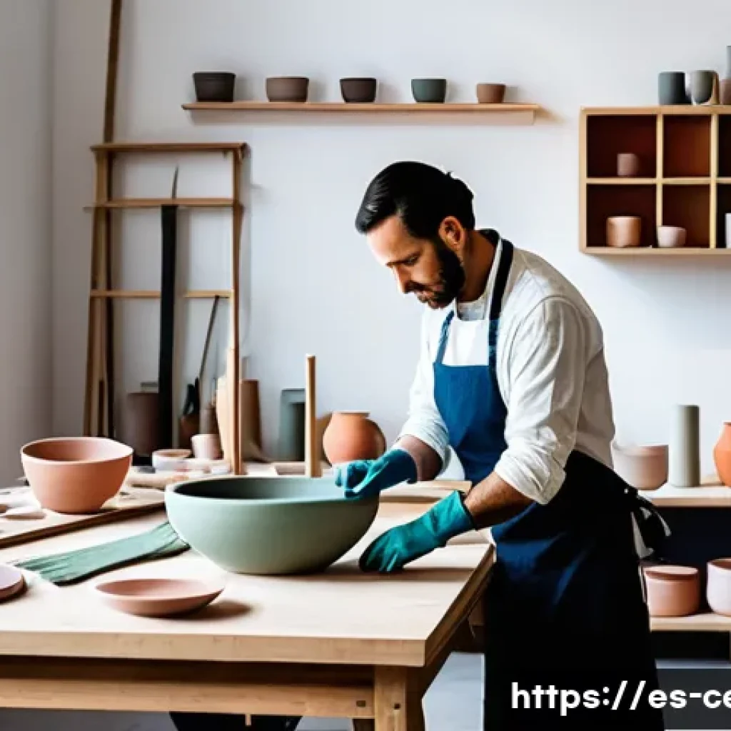 미술세라믹 최신 기술 동향 - A contemporary ceramic artist’s studio in Spain, showcasing a collection of ceramic pieces coated wi...