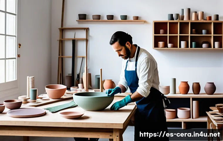 미술세라믹 최신 기술 동향 - A contemporary ceramic artist’s studio in Spain, showcasing a collection of ceramic pieces coated wi...