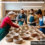 미술세라믹 직장 내 갈등 해결법 - A warm and inviting ceramic workshop scene showing a diverse group of adult artists collaborating ar...