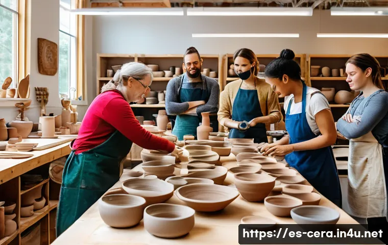 미술세라믹 직장 내 갈등 해결법 - A warm and inviting ceramic workshop scene showing a diverse group of adult artists collaborating ar...