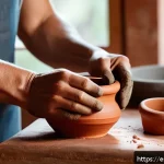 미술세라믹 분야 학습 자료 - A rustic ceramic workshop scene featuring hands shaping red clay pottery on a wooden table, surround...