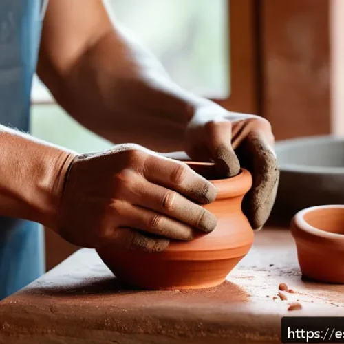 미술세라믹 분야 학습 자료 - A rustic ceramic workshop scene featuring hands shaping red clay pottery on a wooden table, surround...