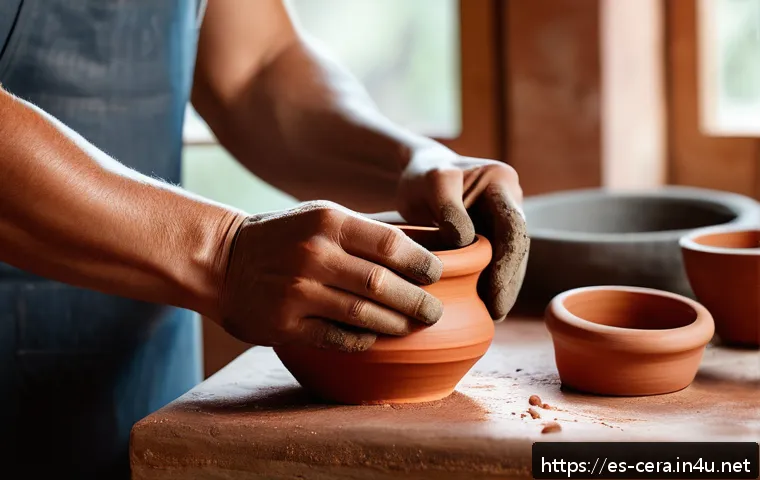 미술세라믹 분야 학습 자료 - A rustic ceramic workshop scene featuring hands shaping red clay pottery on a wooden table, surround...